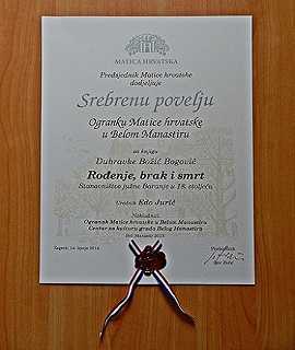Srebrna povelja Matice hrvatske za knjigu osječke povjesničarke Dubravke Božić Bogović Srebrna povelja Matice hrvatske za knjigu osječke povjesničarke Dubravke Božić Bogović